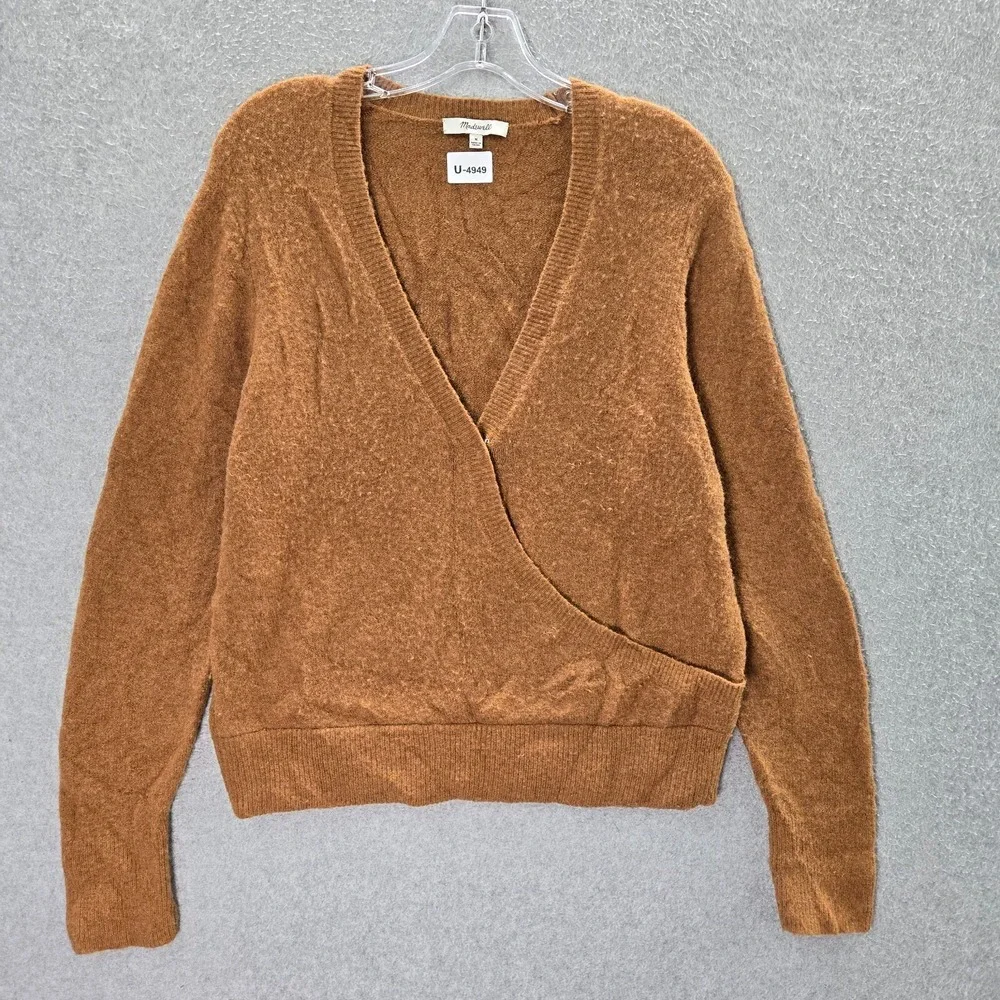 Madewell Women‎ Sweater Medium Brown Faux Wrap Merino Wool Alpaca Blend Pullover